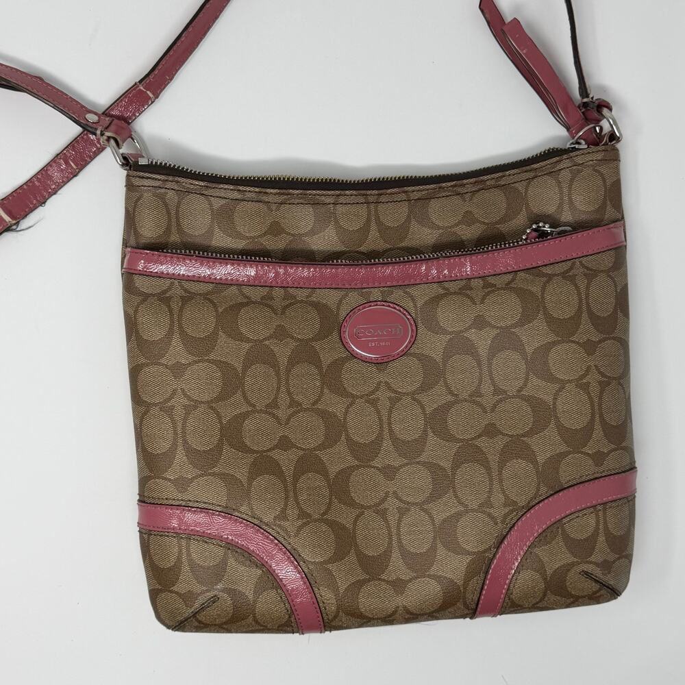 Coach Signature File Crossbody Bag Khaki Pink Leather - Picture 1 of 12